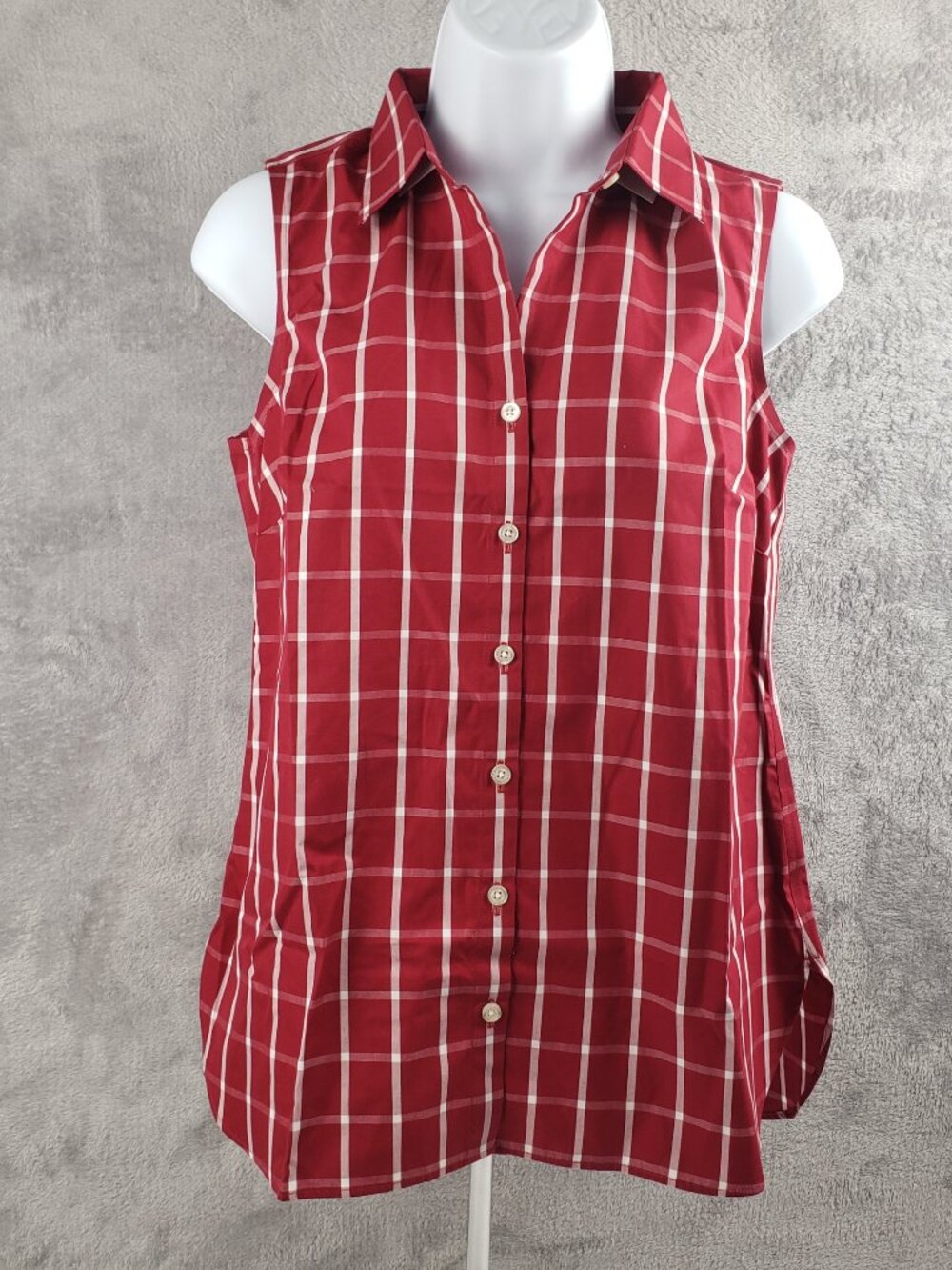 Lands End 2P Red White Plaid Sleeveless Womens Dress Shirt Top Petite